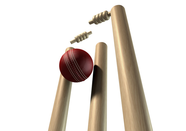 Kriketti pallo lyömällä Wickets Perspective eristetty
 - Valokuva, kuva