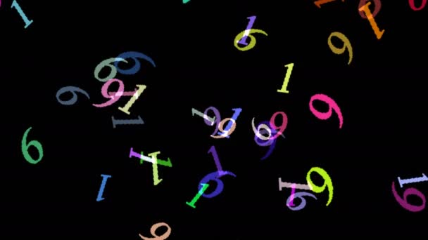 Animowany wygaszacz ekranu komputera z ruchomych kolorowych symboli cyfr na czarnym tle - Materiał filmowy, wideo