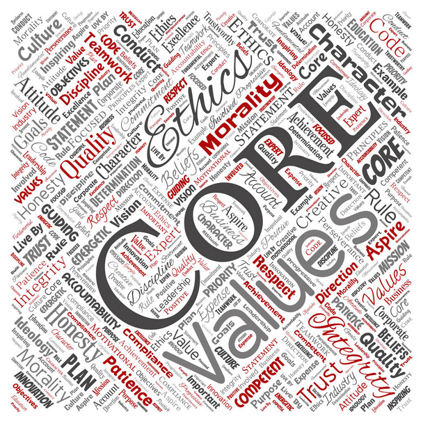 Vector conceptuele core waarden integriteit ethiek vierkant rood concept word cloud geïsoleerd achtergrond. Collage van eerlijkheid kwaliteit vertrouwen, verklaring, karakter, doorzettingsvermogen, respect en betrouwbaar - Vector, afbeelding