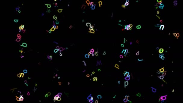 Κινούμενη προφύλαξη οθόνης υπολογιστή με κινούμενα χρωματιστά γράμματα σε μαύρο φόντο - Πλάνα, βίντεο