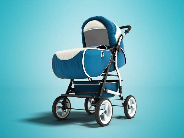Carruaje de bebé azul moderno para cualquier clima con inserciones blancas 3d render sobre fondo azul con sombra
 - Foto, imagen
