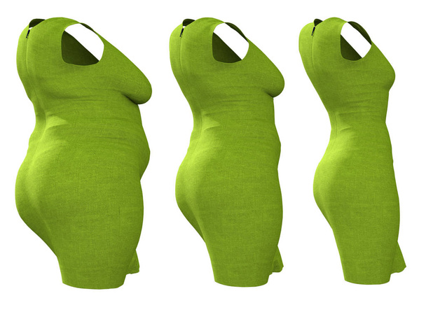 Conceptual grasa sobrepeso vestido femenino obeso traje vs cuerpo sano ajuste delgado después de la pérdida de peso o dieta delgada mujer joven aislada. Una forma de salud fitness, nutrición u obesidad gorda Ilustración 3D
 - Foto, imagen