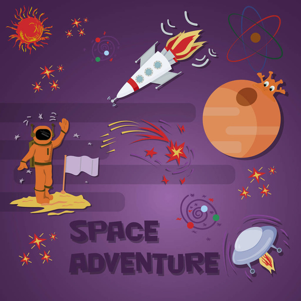 vector illustration of Space adventure in flat style, rocket flying in space among stars and planets - Vektor, kép