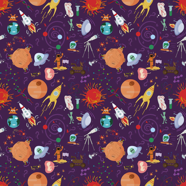seamless pattern children vector drawings in the style of flat on the space theme, planets, cosmonauts, aliens, rockets, DNA, space exploration technical means - Vector, Image