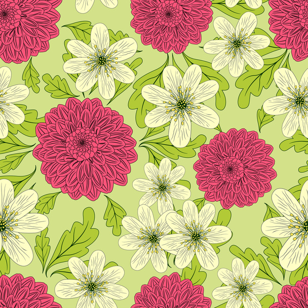 Summer seamless pattern with daisy and dahlia flowers - Wektor, obraz