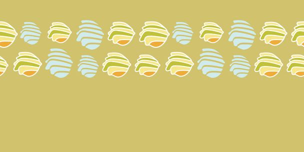 Море Shells-Spa в стране. Горизонтальный бесшовный повторяющийся рисунок границы. Векторный фон. Дизайн поверхности в желтый зеленый, оранжевый и светло-синий. Perfect for Fabric, Scrapbooking, Wallpaper, Gift wrap
. - Вектор,изображение