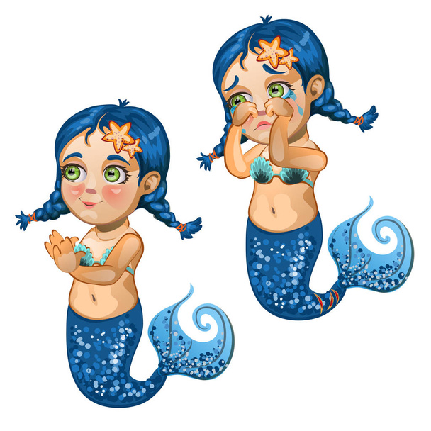 Cartoon girl mermaid smiling and crying isolated on white background. Vector cartoon close-up illustration. - Vecteur, image