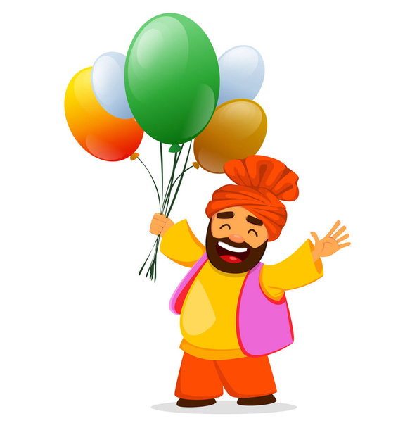 Hyvää itsenäisyyspäivää Intia. Tervehdyskortti, lentolehtinen tai juliste hymyilevällä sikhiläisellä miehellä, jolla on ilmapalloja kansallisissa väreissä. Vektoriesimerkki
 - Vektori, kuva