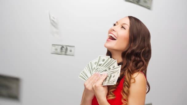 boldog asszony piros ruha velünk pénzt dollár - Felvétel, videó