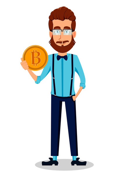 Young bearded hipster man in glasses. Handsome cartoon character holding bitcoin. Vector illustration on white background. - ベクター画像