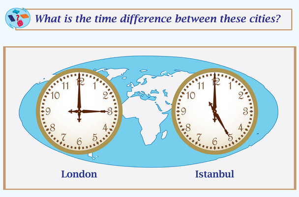 Logické úlohy. Jaký je časový rozdíl mezi těmito městy? Vektorové ilustrace - Vektor, obrázek