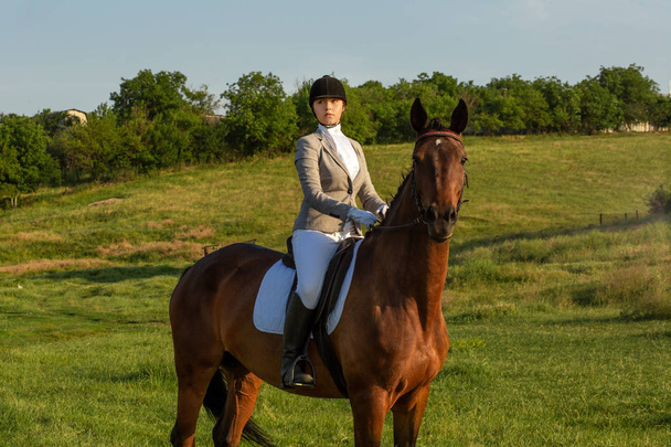 Giovane donna a cavallo sul campo verde - Foto, immagini