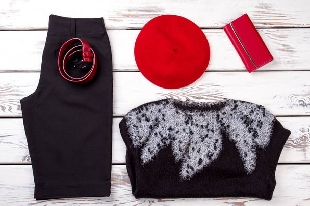 Winter womens clothing and accessories flat lay. - Photo, Image