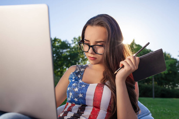 Młoda kobieta siedzi na bean bag użytkowania laptopa podczas odpoczynku na trawie w parku na słońce. - Zdjęcie, obraz