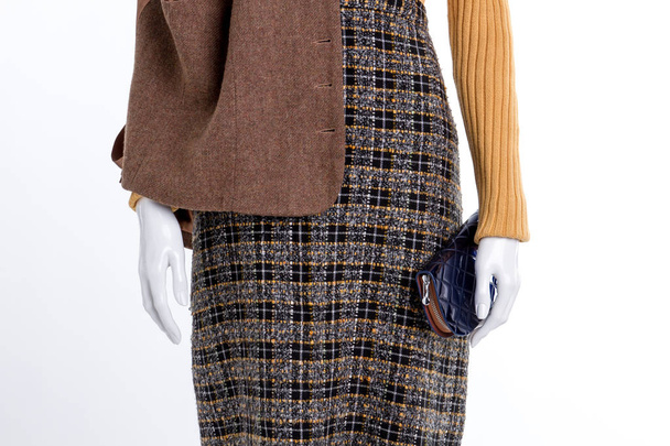 Close up vestido xadrez de lã e bolsa
. - Foto, Imagem