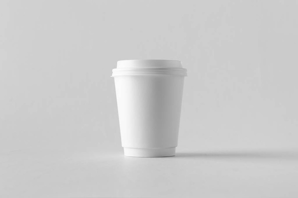 8 oz. white double wall coffee paper cup mock-up with lid. - 写真・画像