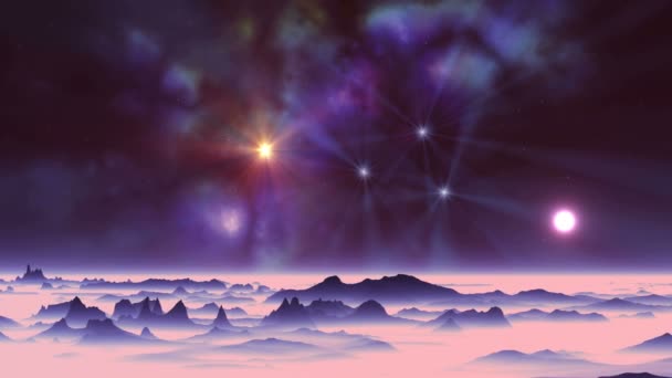 夕日とカラフルな星雲。広大な暗い空のカラフルな星雲の明るい放射星。エイリアンの惑星の砂漠の風景を覆っているピンクの濃霧でゆっくりと沈んで halo の白い太陽. - 映像、動画