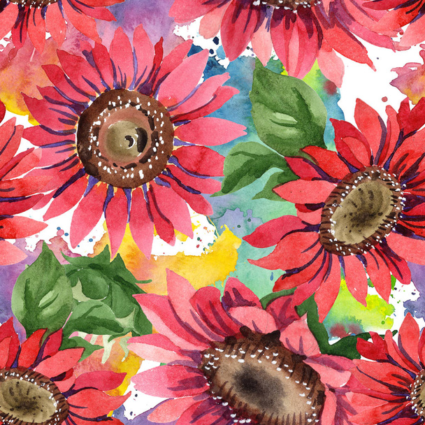 Wildflower red sunflower flower in a watercolor style. Seamless background pattern. Fabric wallpaper print texture. Aquarelle wildflower for background, texture, wrapper pattern, frame. - 写真・画像