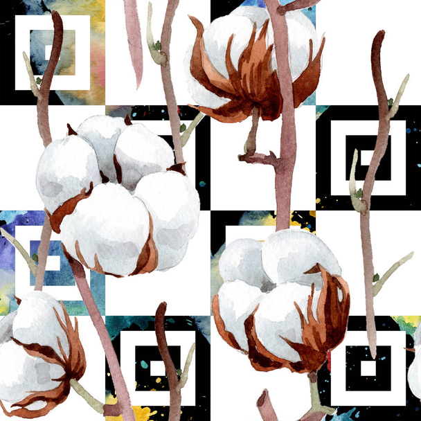 Soft white cotton. Floral botanical flower.Seamless background pattern. Fabric wallpaper print texture. Aquarelle wildflower for background, texture, wrapper pattern, frame or border. - Fotoğraf, Görsel