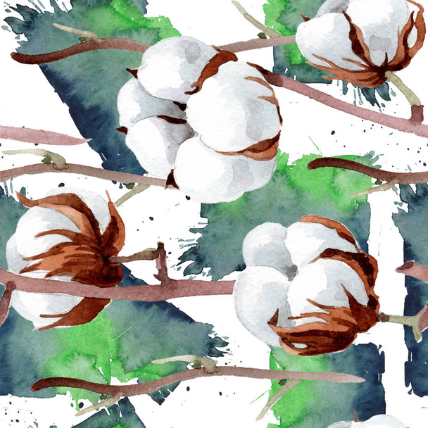 柔らかい白い綿。花植物の花。シームレスな背景パターン。壁紙印刷手触りの生地。背景、テクスチャ、ラッパー パターン、フレームや境界線の aquarelle ワイルドフラワー. - 写真・画像
