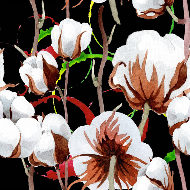Μαλακό λευκό βαμβάκι. Floral βοτανικό λουλούδι. Απρόσκοπτη υπόβαθρο μοτίβο. Ύφασμα ταπετσαρία υφή. Ακουαρέλα wildflower για φόντο, υφή, μοτίβο περιτύλιγμα, πλαίσιο ή στα σύνορα. - Φωτογραφία, εικόνα