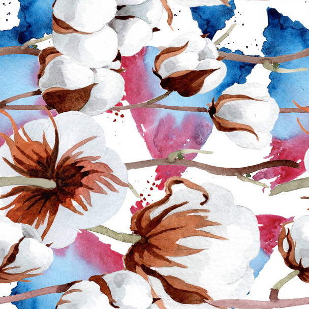 Puha fehér pamut. Virágos botanikai virág. Varratmentes háttérben minta. Szövet nyomtatási textúrát. A háttér textúra, burkoló minta, keret vagy határ Aquarelle vadvirág. - Fotó, kép