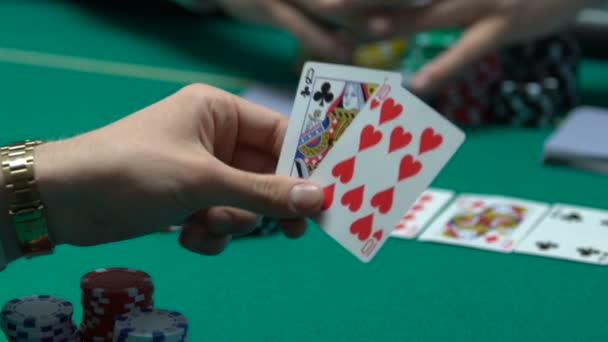 Self-confident poker player making big bets, goes all-in, hope for fortune - Πλάνα, βίντεο