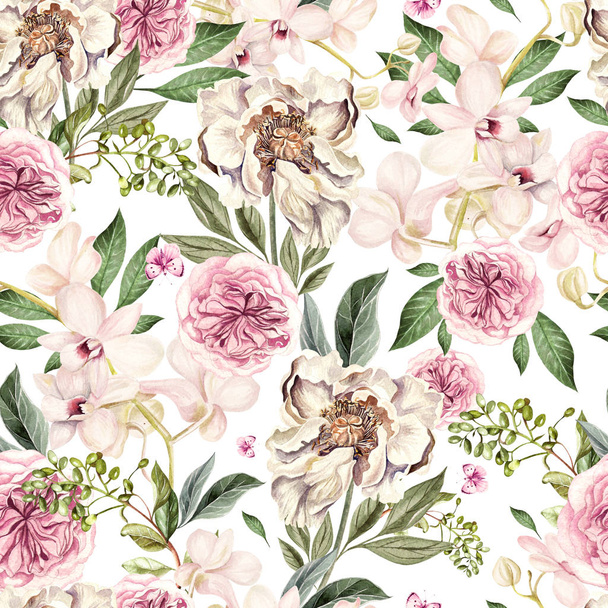 Watercolor pattern with peony flowers and orchids.  - Photo, Image