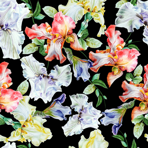 Bright seamless pattern with irises. Watercolor illustration. Hand drawn. - Foto, Bild