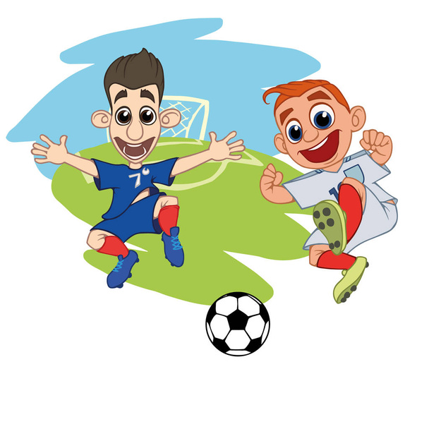 Cartoons Soccer players play the ball at the stadium. Vector illustration - Vektör, Görsel
