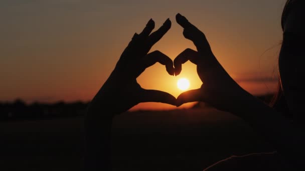 Osoba činící srdce s rukama nad přírodou západu slunce pozadí - Záběry, video