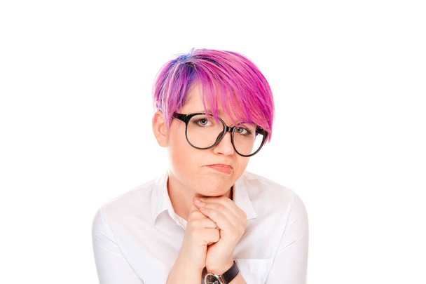 Lack of confidence. Shy young woman feels awkward isolated on white wall background. Millennial model with pink magenta hair. Human emotions, face expressions body language, life perception, reactions - Φωτογραφία, εικόνα