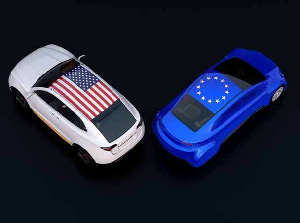 Drapeaux de l'UE et des États-Unis sur le toit de deux automobiles (toit de voiture). fond noir. Europe USA guerre commerciale, concept tarifaire américain. Image de rendu 3D
. - Photo, image