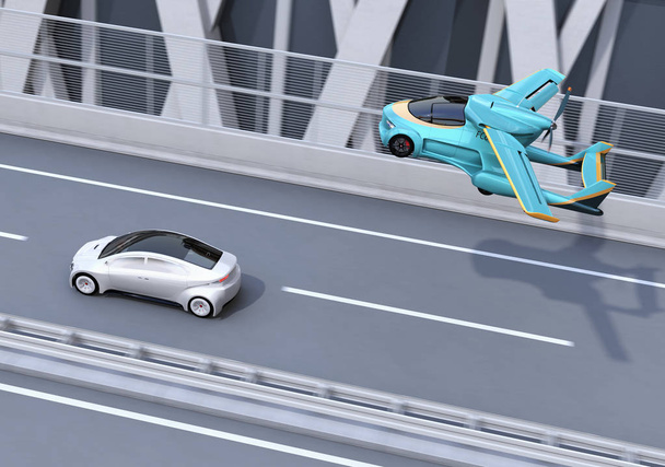 Futuristica macchina volante che sorvola una berlina argentata che guida sull'autostrada. Trasporto veloce senza concetto di ingorgo. Immagine di rendering 3D
. - Foto, immagini