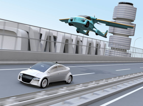Carro voador futurista voando sobre um sedan de prata dirigindo na estrada. Transporte rápido sem conceito de engarrafamento. Imagem de renderização 3D
. - Foto, Imagem