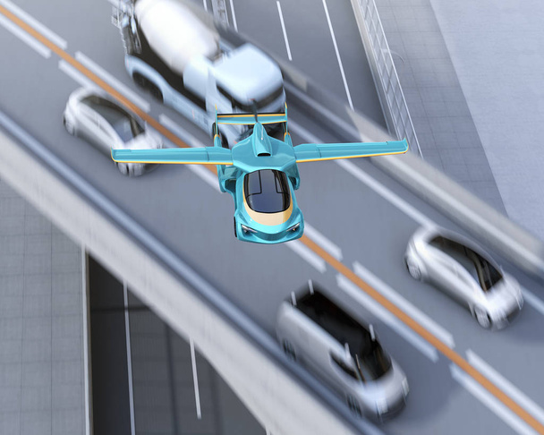 Coche volador futurista volando sobre el atasco de tráfico en la carretera. Transporte rápido sin concepto de atasco de tráfico. Imagen de renderizado 3D
. - Foto, Imagen