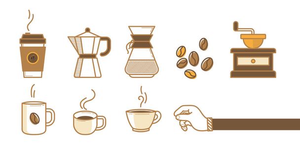 Pití kávy ikony vektorové ilustrace na bílém pozadí. Vypijte šálek horké kávy sady. Tenká linie ikony, ruka a fazole v plochý design - Vektor, obrázek