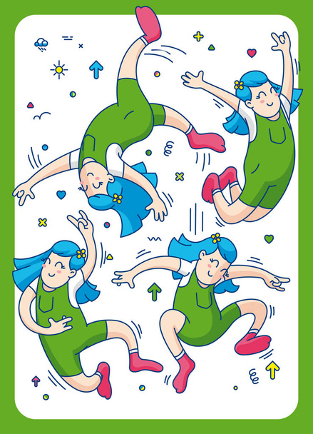 Springendes Mädchen, Vektorillustration glücklicher springender Kinder, die auf weißem Hintergrund spielen - Vektor, Bild