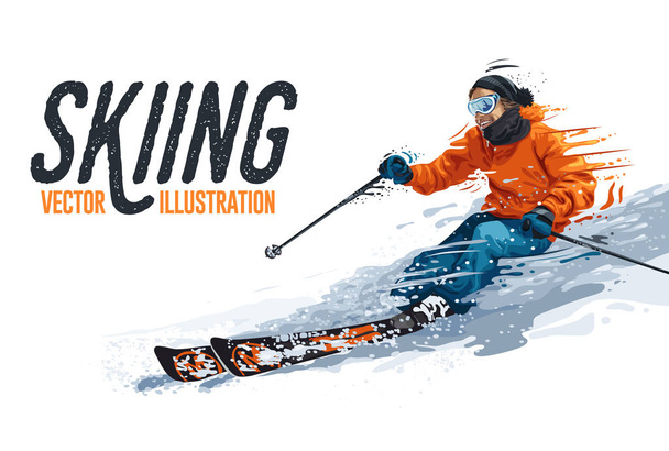 Young man riding on skis on white background, winter. Vector illustration in realistic style - Vector, Image