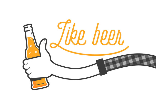 Stejně jako pivo vektorové ilustrace a typografie design. Ruce drží sklenici piva v kostkované košili. Pivní láhev, sociální média jako Facebook. Pít pivo v hospodě v letních dnech. Vyčistit plochý design - Vektor, obrázek
