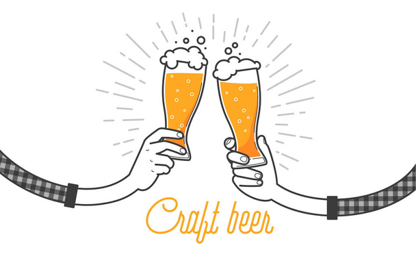 Ambachtelijke bier met een vriend, clink glazen drinken. Twee handen met twee glazen van bieren in geruite hemd. Vectorillustratie, geïsoleerd op een witte achtergrond. Menu of restaurant afbeelding ontwerp - Vector, afbeelding