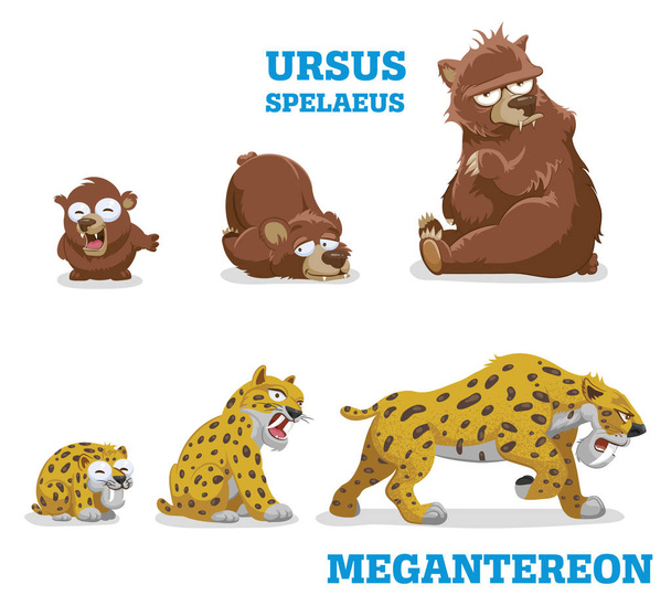 Bears and leopards. Vector illustration of pleistocene baby, young and adult wild animals bear and leopard - Vector, Image