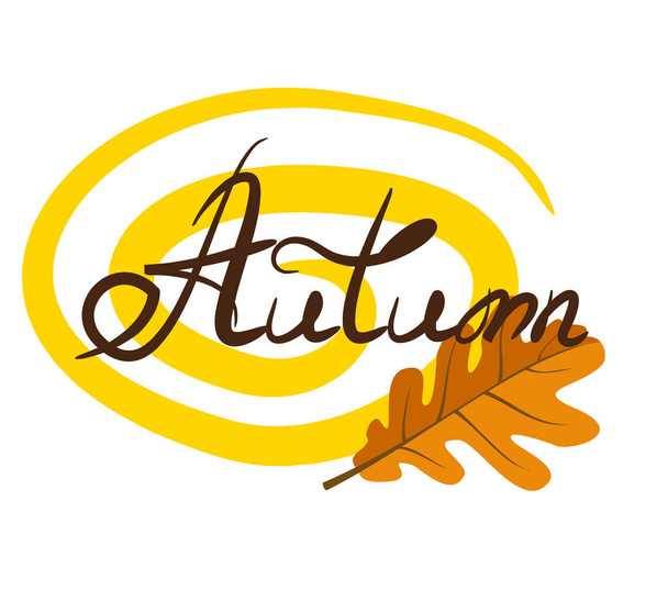 sárga curl tölgy levél és őszi betűkkel - Vektor, kép