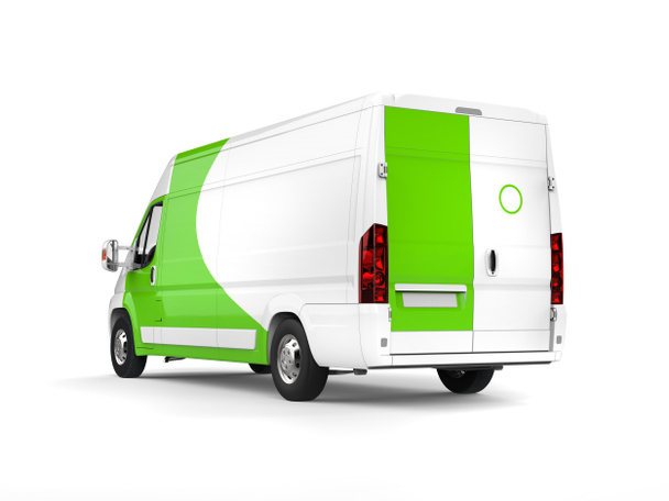 Grande van de entrega branca com detalhes verdes - visão traseira lateral
 - Foto, Imagem