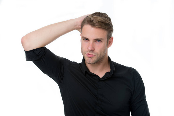 Healthy hair. Guy attractive enjoy hairstyle. Man bearded strict face enjoy freshness hair, white background. Haircare concept. Man beard unshaven handsome and well groomed touching clean fresh hair - 写真・画像