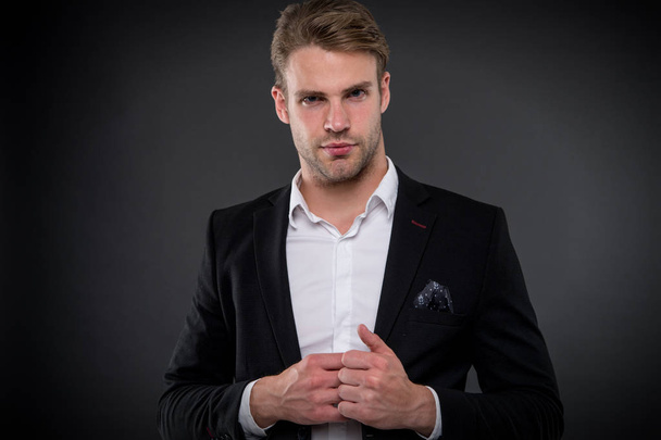 Perfect in every detail. Man well groomed white shirt elegant formal suit handkerchief pocket dark background. Macho confident prepare perfect outfit. Guy office worker handsome perfect appearance - Fotografie, Obrázek