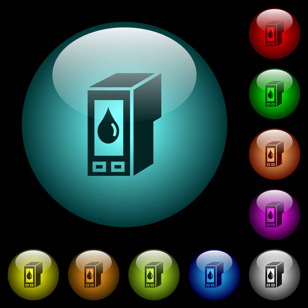 Inkt cartridge pictogrammen in verlichte bolvormige glazen kleurknoppen op zwarte achtergrond. Kan worden gebruikt om de zwarte of donkere sjablonen - Vector, afbeelding