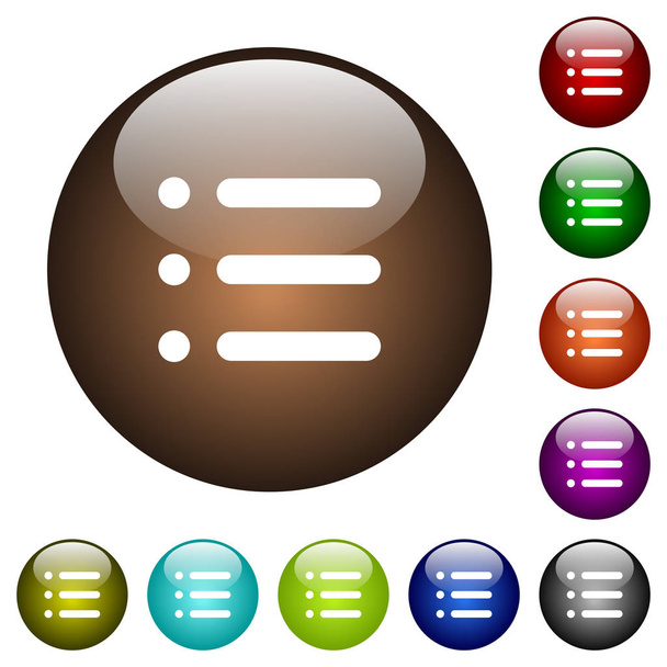 Lista desordenada iconos blancos en botones de vidrio de color redondo
 - Vector, imagen