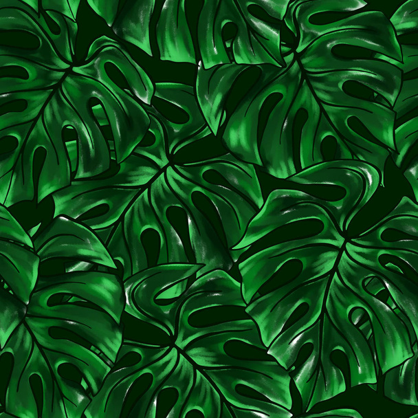 Monstera zielony liść roślina tropikalna akwarela atrament linii wyciągnąć rękę szkic wzór tekstury tło. - Zdjęcie, obraz