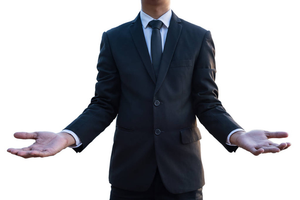 hombre de negocios pose palmas de las manos abiertas sobre fondo blanco, aislar con la selección
 - Foto, Imagen
